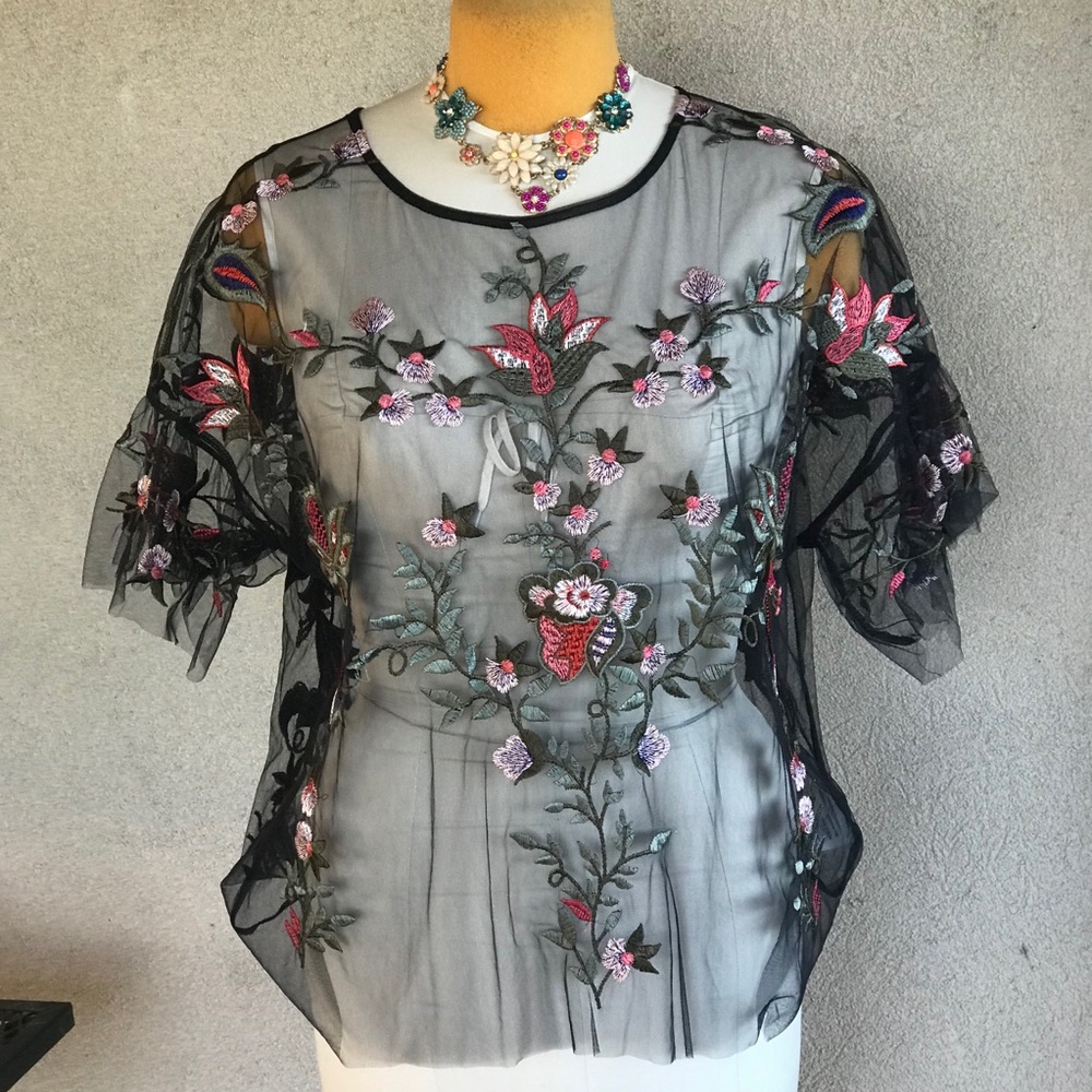 Black Sheer Embroidered Top XL Dalia Brand
